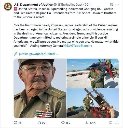 美国司法部正式起诉古巴前国家主席劳尔·卡斯特罗
