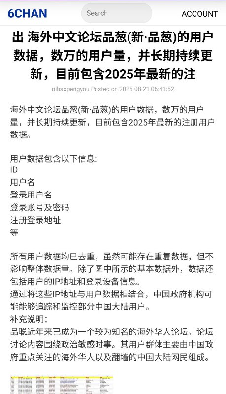 8月21号，一位用户将品葱网站数据在6chan上售卖，用户数据包含了id，用户名，登录用户名，登录账号及密码，注册登录地址，这些数据将被中共政府用来监视并抓捕活动人士🕶️ 匿名投稿8月21号，一位用户将品葱网站数据在6chan上售卖，用户数据包含了id，用户名，登录用户名，登录账号及密码，注册登录地址，这些数据将被中共政府用来监视并抓捕活动人士🕶️ 匿名投稿