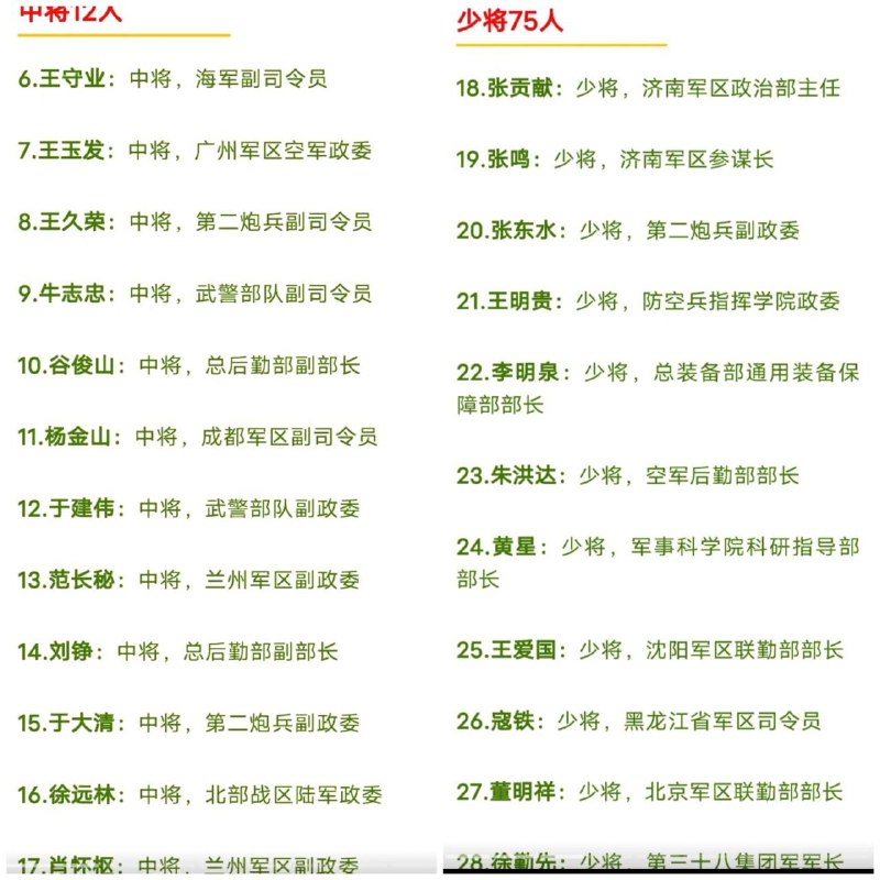 据说这是近几年查处的部分军队人员名单，感谢推特五毛 迷人的小红 提供情报，不过下次能把图截全就更好了
