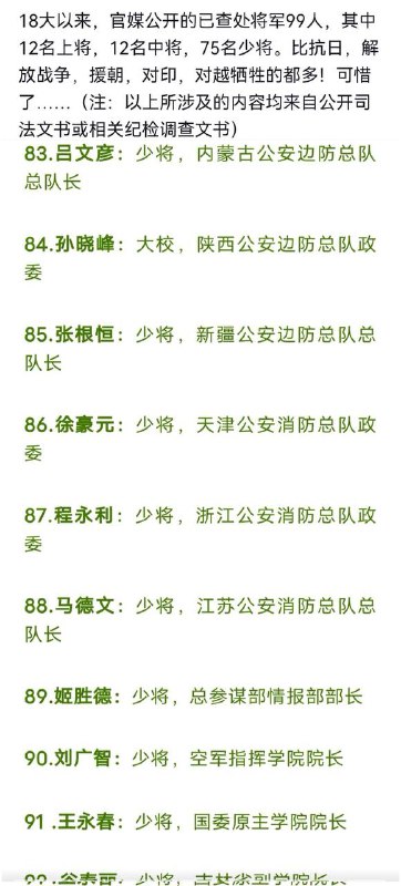 据说这是近几年查处的部分军队人员名单，感谢推特五毛 迷人的小红 提供情报，不过下次能把图截全就更好了