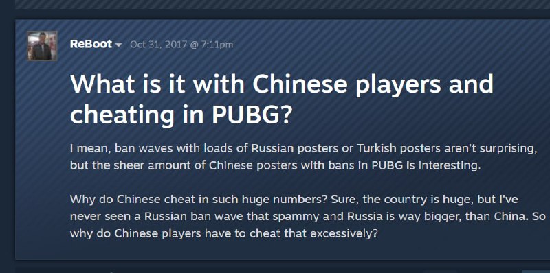 China player stop cheat. 中国商人或者黑客，用俄罗斯人研发的程序进行套壳后在中国互联网上进行售卖，并且由于中国玩家 存在游戏攀比心理，外挂成为了家常便饭