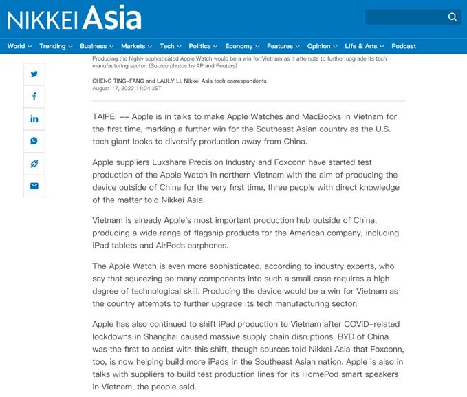 苹果正就在越南生产Apple Watch和MacBook系列的事宜进行沟通
