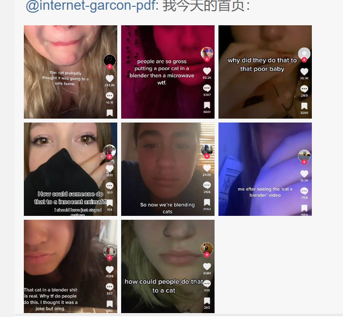 这下文化输出了，中国虐猫或吃猫视频播放量破几十亿得有了（光我看到bladnews一个博主就做了几千万播放量中国人虐猫） 相关的tag为