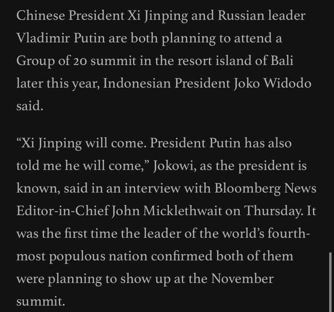 印尼总统首度公开确认习近平计划出席11月巴厘岛G20峰会，普京也计划出席