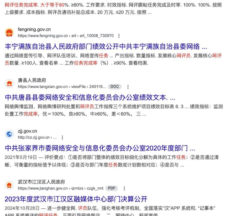 在网上搜索“网评员任务完成率”会发现很多各个地方政府的相关文档