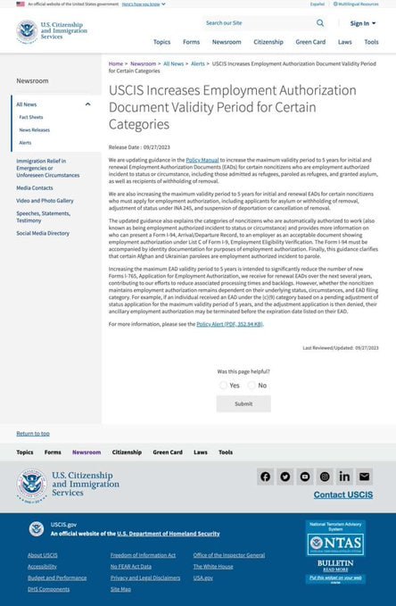 美国公民与移民服务局（USCIS）刚公布，将延长某些种类的工卡的有效期，从目前的2年有效期延长到5年，许多华人或许都符合条件，终于可以不必再为更新工卡的事烦恼了