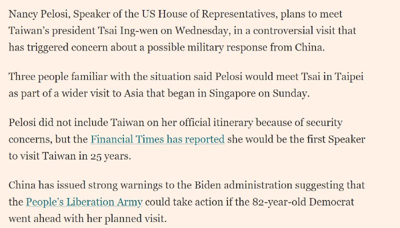 佩洛西將於週三在台灣會見蔡英文總統