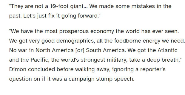 上周访华结束的摩根大通CEO戴蒙 肯定了拜登政府对华的政策，并表示 我们有着比中国更好的人口结构，时间将是答案