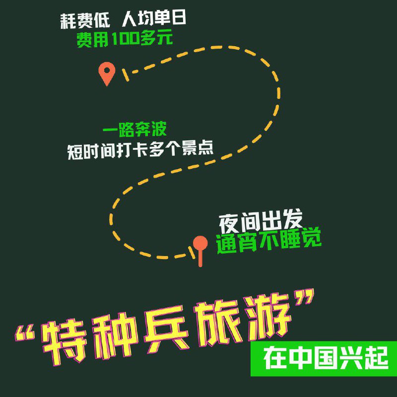 RFA_Chinese 报道，通宵不睡觉的 #特种兵旅游 火了！据《第一财经》报道，在刚刚过去的五一，43% 的年轻人花费不超过 500 元，“特种兵旅游”更成为热词