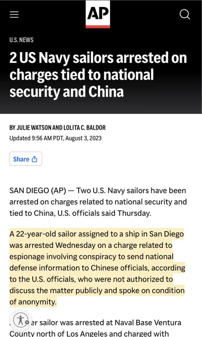 美国海军士兵Wenheng Zhao, Jinchao Wei被捕