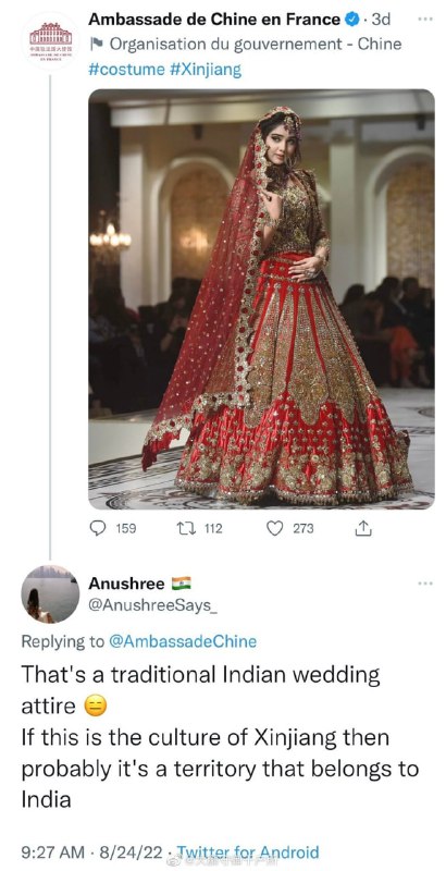 驻法大使馆拿了张巴基斯坦婚纱照说这是新疆服装