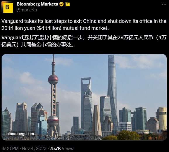 Vanguard takes its last steps to exit China and shut down its office in the 29 trillion yuan ($4 trillion) mutual fund market.Vanguard迈出了退出中国的最后一步，并关闭了其在29万亿元人民币（4万亿美元）共同基金市场的办事处
