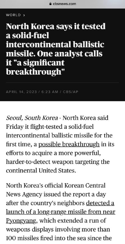 北朝鲜成功试射固体燃料火箭🚀