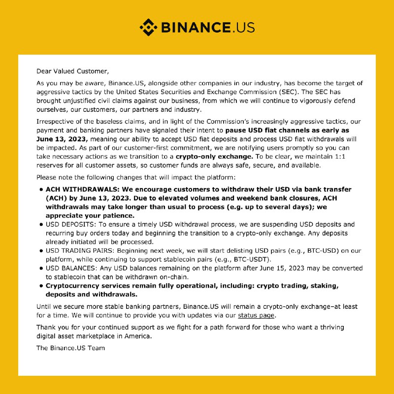 币安宣布今日起暂停美元存款，合作银行最早将于6月13日起暂停法币（美元）提款
