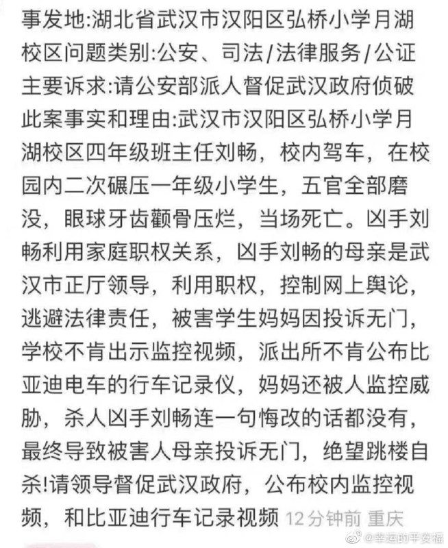 官二代刘畅（肇事者）用封口方式害死了 武汉母亲