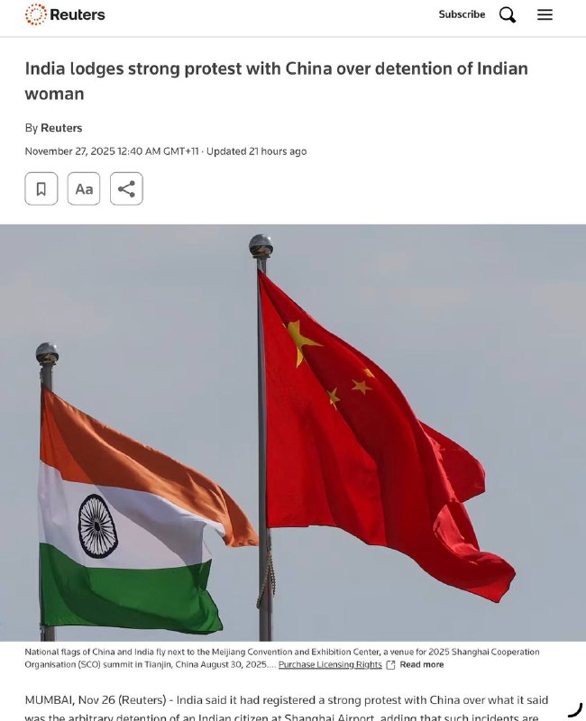 這起事件中，一名持印度護照、從倫敦飛日本的女子在上海轉機時，被邊檢以出生地「Arunachal Pradesh」為由認定護照無效，遭扣留 18 小時、沒收護照、錯過航班，並受到帶有政治意味的質問與嘲諷