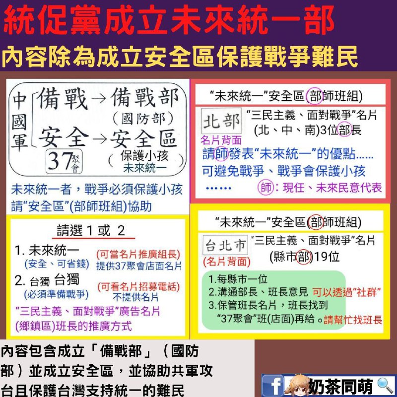 台灣統促黨成立未來統一部？協助共軍武統後難民事宜根據我們小編長期潛伏於台灣「中華統一促進黨」內工作群了解，統促黨在私下策劃未來統一部統促黨成員向我們潛伏成員表示，內容疑似為協助未來中國統戰台灣武力犯台後，協助共軍登島攻擊外，還要幫忙在台灣支持統戰的民眾（難民）提供安全區的分組內容，並成立備戰部（其稱國防部）協助在共軍攻擊（進犯）台灣本島我們認為這樣有組織架構的行為以及宣揚共軍武統的事項，可能已經危及到台灣主權獨立國家的事實By奶茶同萌🔗#台灣#統促黨#統一