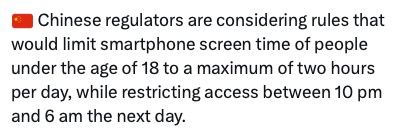 中国监管机构正在考虑将18岁以下人群的智能手机屏幕时间限制在每天最多两小时的规则，同时限制在晚上10点到第二天早上6点之间的访问