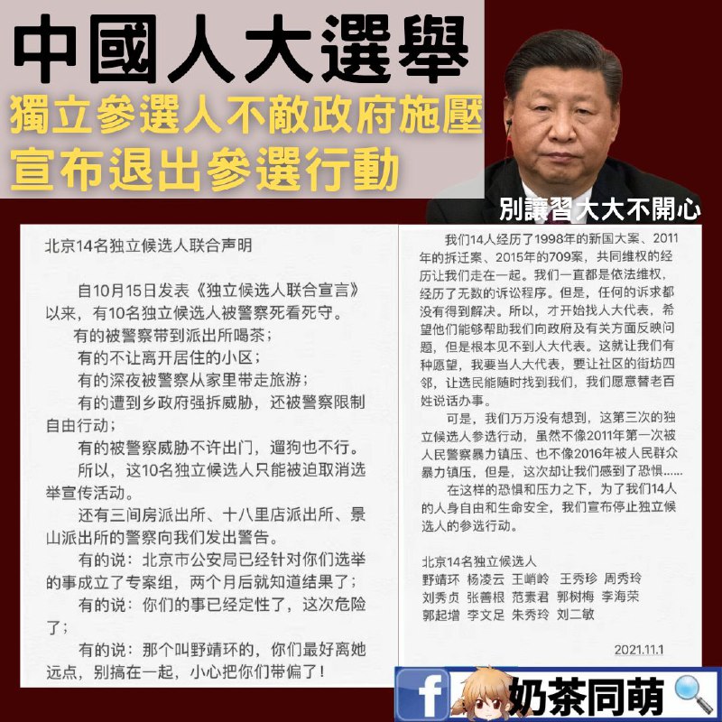 中國人大選舉-獨立參選人最終仍不敵打壓放棄參選中國人大選舉在即，北京市區級人大代表宣布獨立參選的十四位候選人不敵政府打壓，放棄參選跟據了解，這14名獨立參選人原對於中國政治現象感到失望，希望能夠獨立參選並且進入中央表達真實民意，也在上月15日發表聯合宣言，不料在宣布參選後這些獨立候選人不斷遭到政府「軟禁」、「被旅遊」，最終不敵壓力在今（1日）再次發表聯合聲明宣布退選中國憲法保障人民參選的權利，然而這樣的結果也再次證明中國的選舉只不過是樣板及笑話By奶茶同萌🔗#中國#人大選舉#獨立參選人