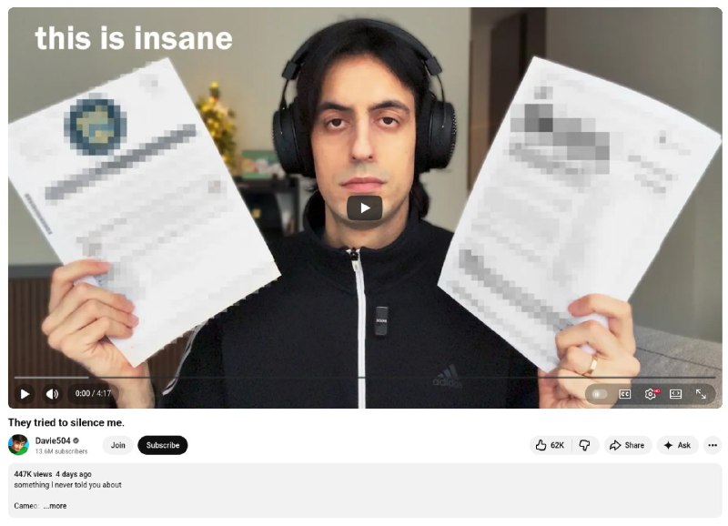 意大利音乐youtuber Davie504因为拒绝删除“台湾是一个国家”的言论，被某中国手游公司撤回7万美元赞助先让他花1万美元购买抽奖奖品，视频发布前两个小时突然要求删除言论，否则撤回赞助，垫付的1万美元也不会补偿视频发布后，评论区涌入大量人打赏，筛选最新评论仍然能看到不断有人打赏😎 匿名投稿意大利音乐youtuber Davie504因为拒绝删除“台湾是一个国家”的言论，被某中国手游公司撤回7万美元赞助先让他花1万美元购买抽奖奖品，视频发布前两个小时突然要求删除言论，否则撤回赞助，垫付的1万美元也不会补偿视频发布后，评论区涌入大量人打赏，筛选最新评论仍然能看到不断有人打赏😎 匿名投稿