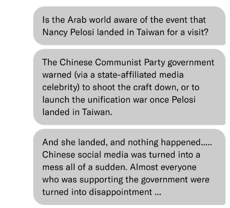 中共天天吹和阿拉伯国家之间的关系好，我问了一个海湾国家的朋友，阿拉伯世界的民众是否知道佩洛西访问台湾