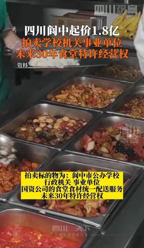 四川阆中起价1.8亿拍卖学校机关事业单位未来30年食堂特许经营权，涉及服务对象超10万人 ​​​，现代版鹅城四川阆中起价1.8亿拍卖学校机关事业单位未来30年食堂特许经营权，涉及服务对象超10万人 ​​​，现代版鹅城