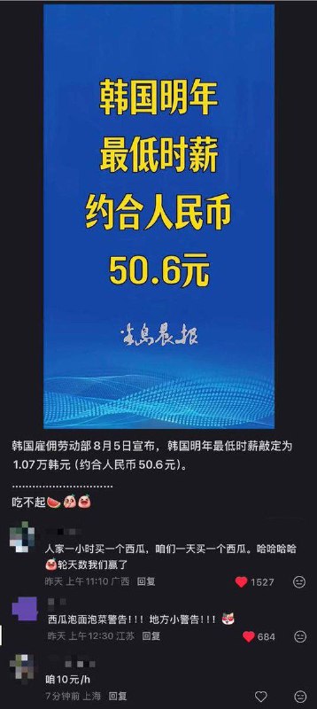 “又雙叒叕贏了”根據韓聯社8月5日消息，韓國雇傭勞動部宣佈，韓國明年最低時薪敲定為1.07萬韓元（約合人民幣50.6元），較今年上漲3.7%