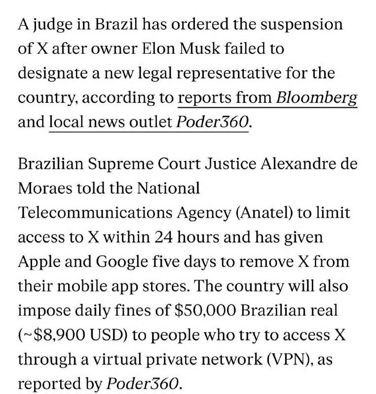 X正式被巴西封禁，违规使用者，每天罚款$8900X正式被巴西封禁，违规使用者，每天罚款$8900