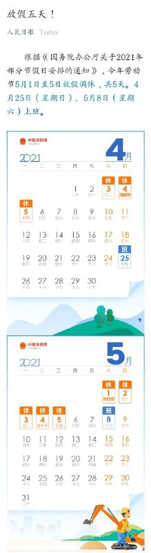 全国🇨🇳打工人喜迎劳动节放假5天（指调休2天+周末2天+皇恩浩荡额外施舍1天假期）