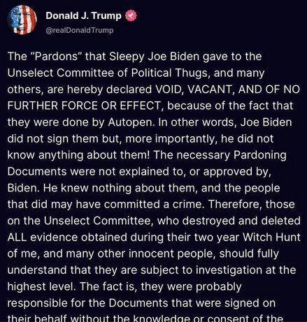 川普说拜登签的赦免令用了自动笔，之前签署的赦免令全部无效