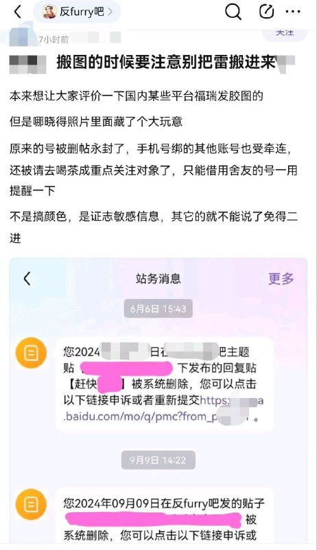 大陆这边有个叫“反furry”的百度贴吧板块，里面有不少反福瑞把他们认为色情擦边的福瑞图搬来进行辱骂批斗，然而很多图在正常人看来并没什么不合适，因为他们G点和共产党一样多🤣有人在图片里藏政治内容后无意间开启了大炸号时代，因为他们是见擦边就搬，根本不看有什么其它内容，智商太低了By