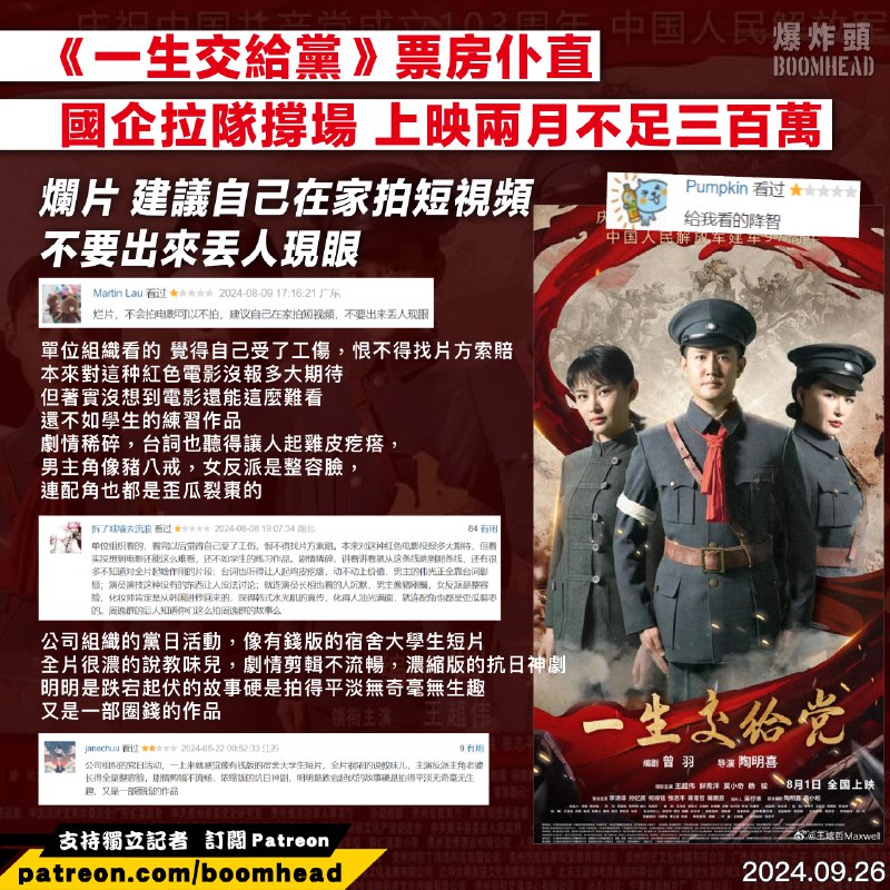 《一生交給黨》票房仆直 上映近兩月不足三百萬 國企拉隊撐場 觀後負評