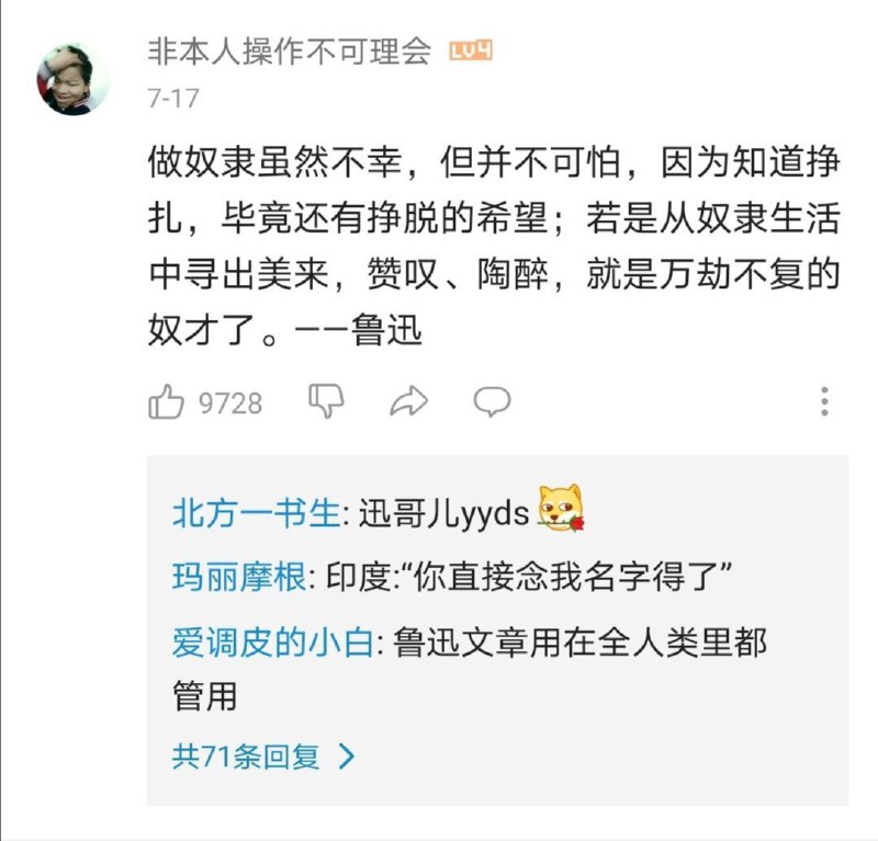 某小粉红对日本的评价引用鲁迅的名言😅