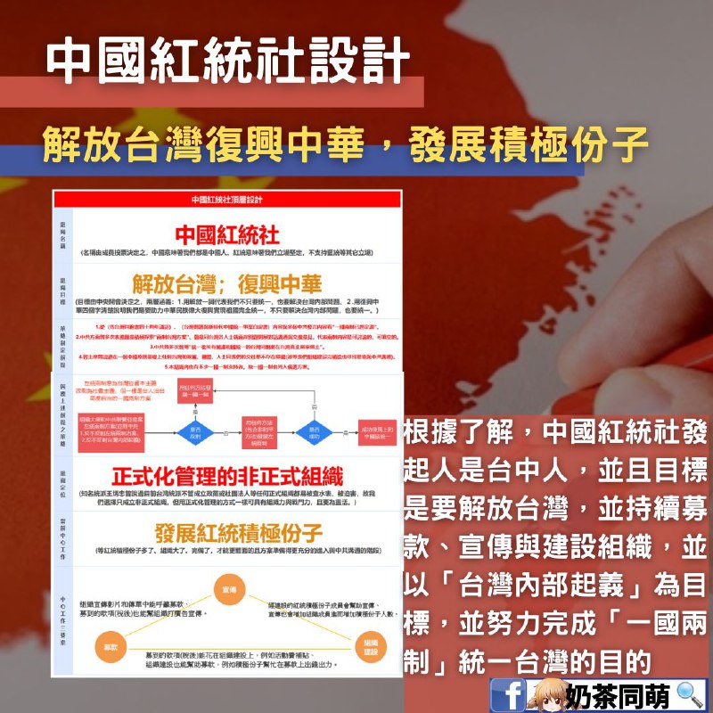 🇹🇼奶茶踢爆‼️中國紅統社在台運作‼️🚨 解放台灣？滲透統戰？紅統社的驚人內幕曝光！ 🚨根據奶茶粉的臥底與長期互動，我們今天要踢爆中國紅統社在台灣的運作模式與目標！這個組織以「解放台灣、復興中華」為名，實則在台進行統戰滲透，發展紅統積極分子，試圖建立「一國兩制」的基礎‼️--紅統社的運作模式--🔴 組織設計