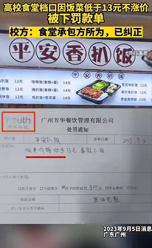 广东一高校，因食堂饭菜价格太低被罚款By