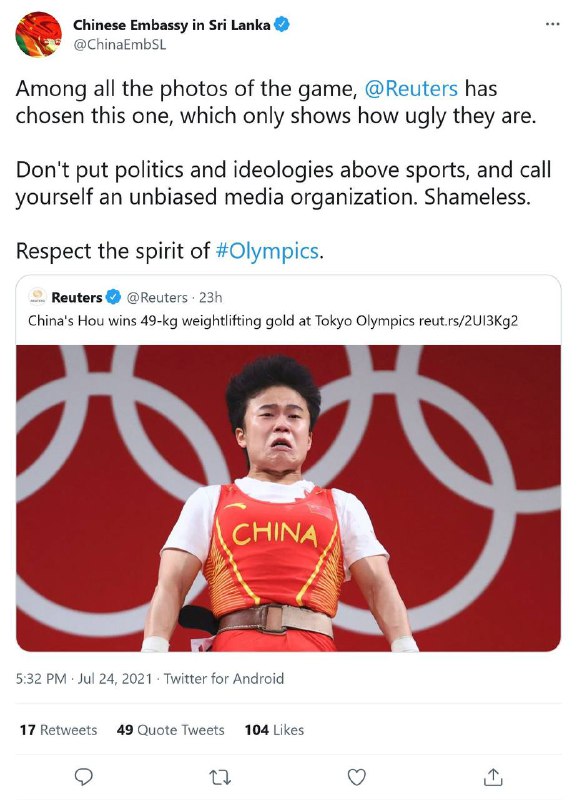 “两幕戏“ （A Play In Two Acts)中国驻斯里兰卡大使馆在奥运赛事正酣时突然推上放炮，指责英媒路透社选用的中国运动员照片过于丑陋，是带着偏见地，故意丑化中国的形象