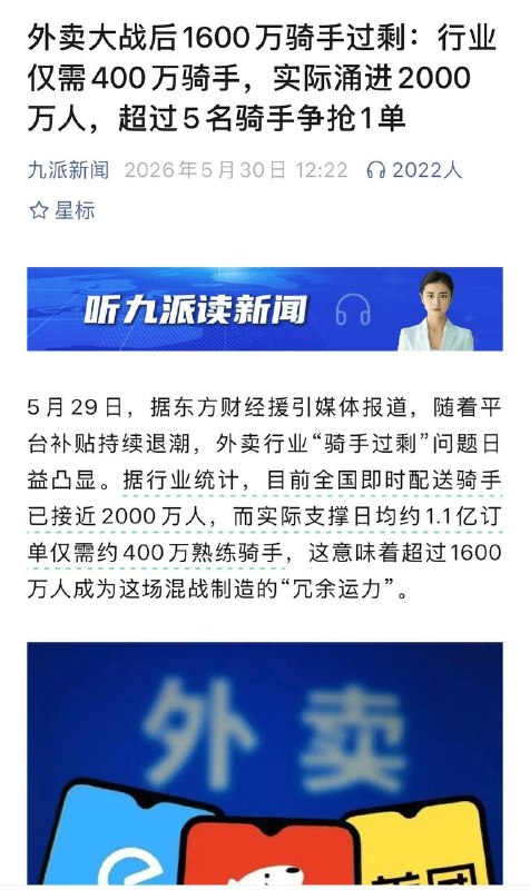 1600萬過剩外賣🥡騎手 —可見經濟不景氣 找工難😎 匿名投稿