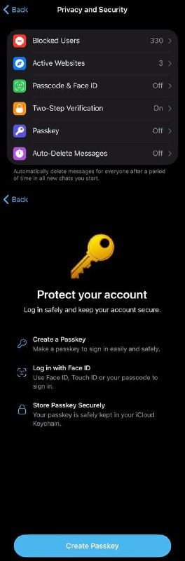 Telegram Passkey 功能，将替代传统短信验证码用于登录，解决官方在世界部分地区验证码昂贵，和可能被拦截问题（例如中共）