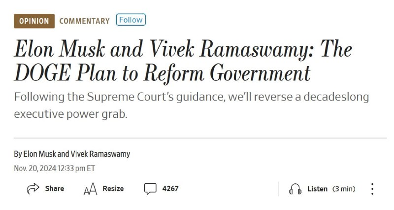 《华尔街日报》发表马斯克重要文章《以联邦机构改革推动高质量发展》美联社华盛顿11月22日电   著名企业家、联邦深化改革委员会联席主任 埃隆·马斯克与维维克·拉马斯瓦米日前在《华尔街日报》发表署名文章，提出一项重塑联邦政府运行模式的改革计划