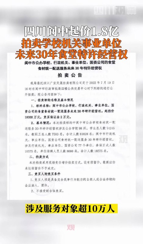 四川阆中起价1.8亿拍卖学校机关事业单位未来30年食堂特许经营权，涉及服务对象超10万人 ​​​，现代版鹅城四川阆中起价1.8亿拍卖学校机关事业单位未来30年食堂特许经营权，涉及服务对象超10万人 ​​​，现代版鹅城