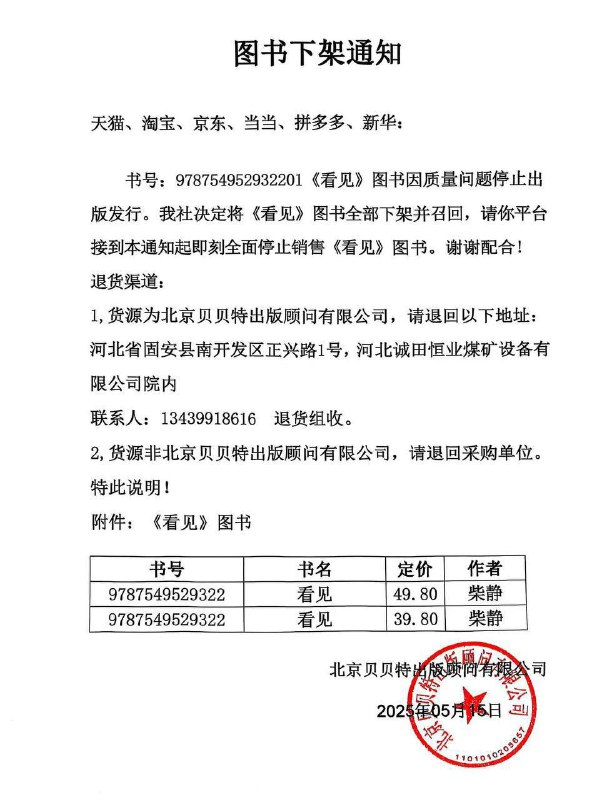 今日墙内各大网购平台下架柴静所著的《看见》图书🕶️ 匿名投稿