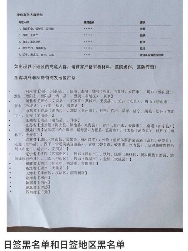 日本签证黑名单地区