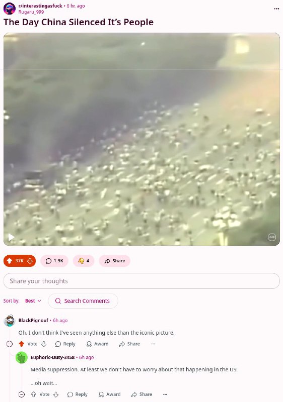 有人今天在reddit英文sub发了纪念六四的贴，结果短短6小时就收获了3万upvote,因为评论区很多美国人表达对现任政府的不满，甚至有人分享了六四历史图片的archive🕶️ 匿名投稿有人今天在reddit英文sub发了纪念六四的贴，结果短短6小时就收获了3万upvote,因为评论区很多美国人表达对现任政府的不满，甚至有人分享了六四历史图片的archive🕶️ 匿名投稿