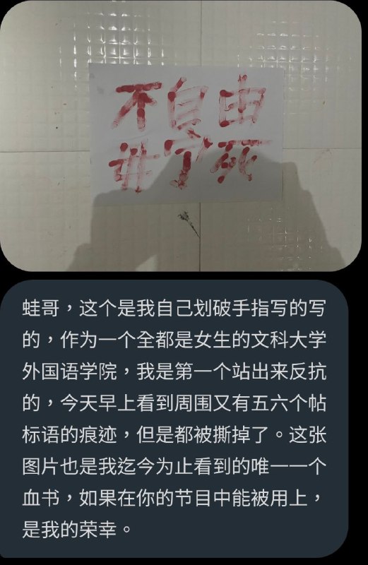 某文科大学外国语学院学生划破手指写的血书某文科大学外国语学院学生划破手指写的血书